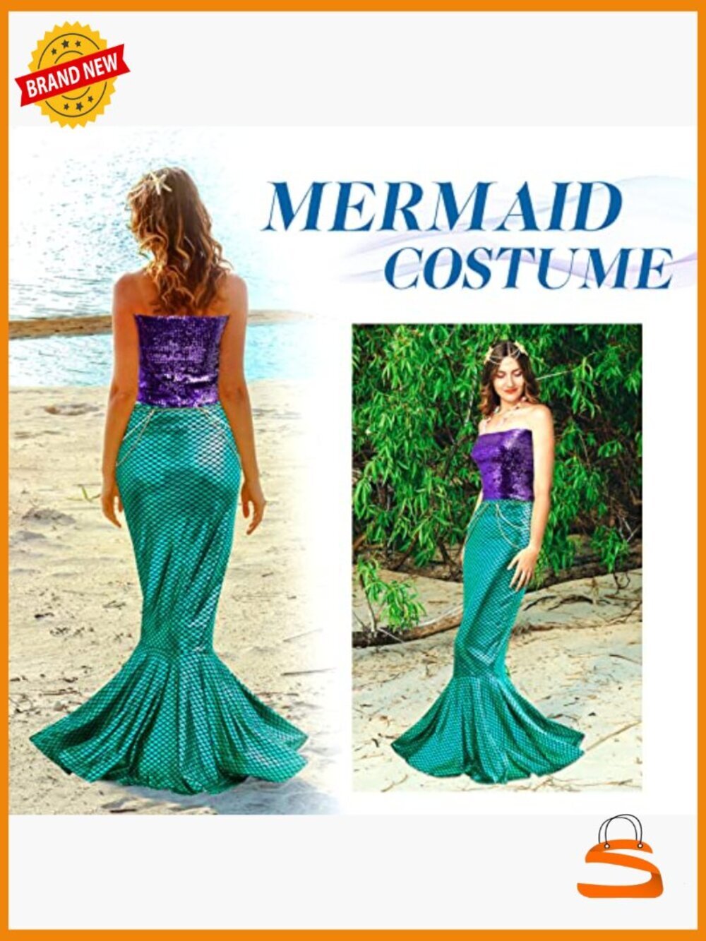 Sequin Mermaid Costume Set with Tube Top, Skirt, Waist & Head Chains for - Picture 3 of 7